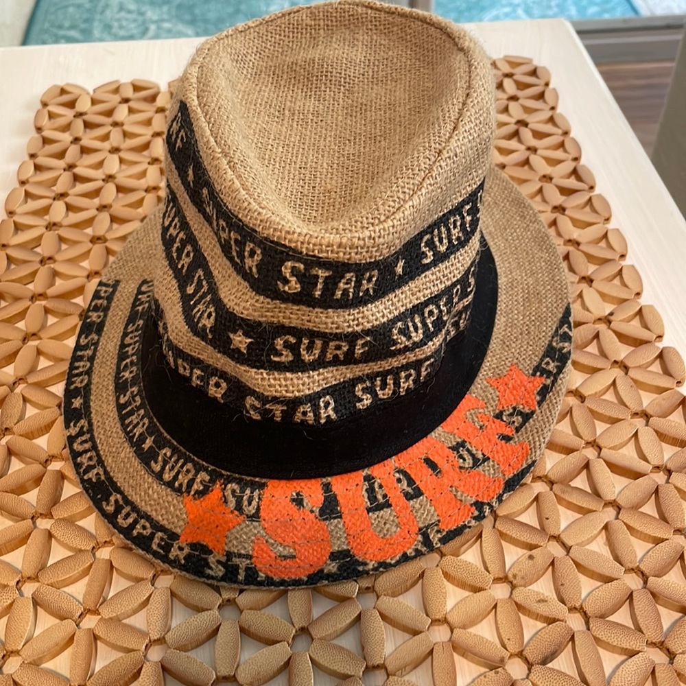 Fedora style, Jute/burlap coffee sack inspired hat design- surf super star.